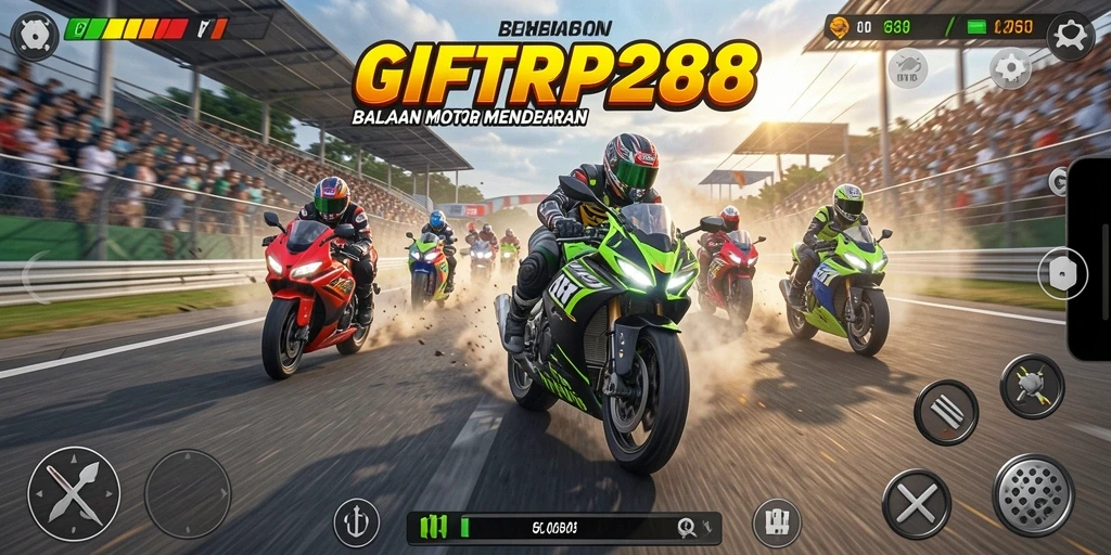 Tampilan gameplay seru dalam GIFTRP288 saat melakukan balapan motor.